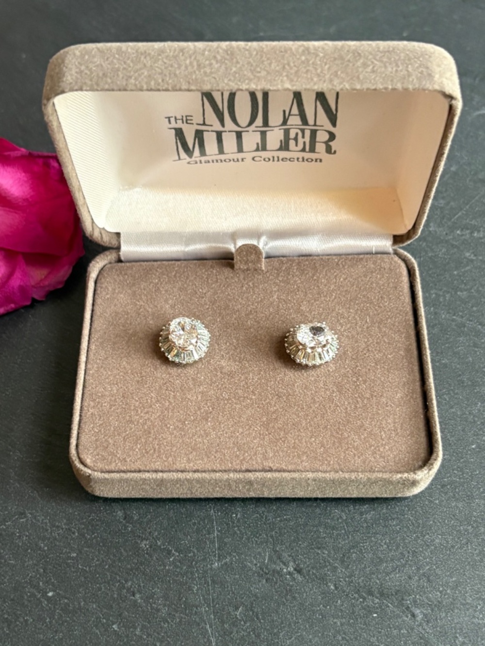 NIB Nolan Miller Glamour Collection CZ Baguette Halo Pierced Stud Earrings